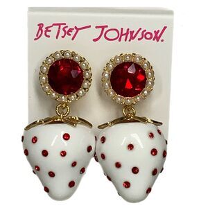 NEW Betsey Johnson White Strawberry w/ Red Rhinestone Dangle Earrings Gold Tone